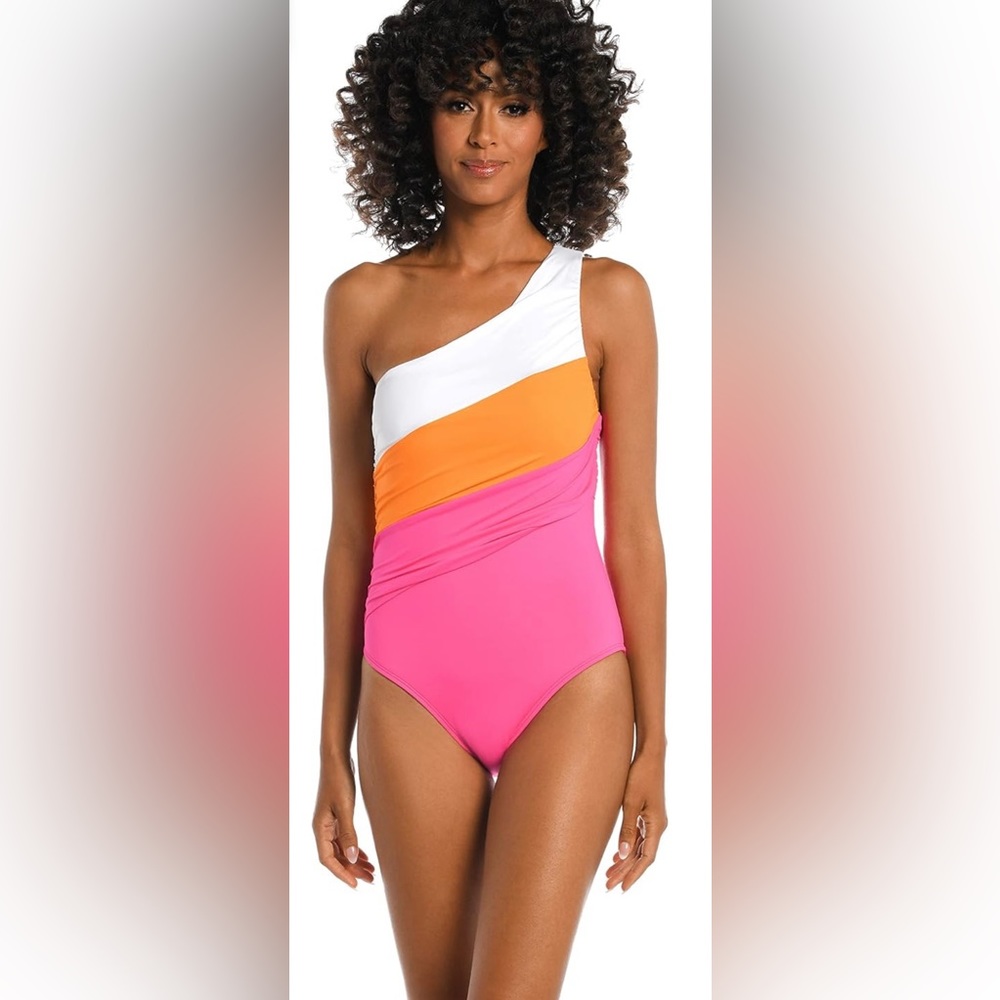 NWT La Blanca Island Goddess One Piece One Shoulder Swimsuit Striped Size 14